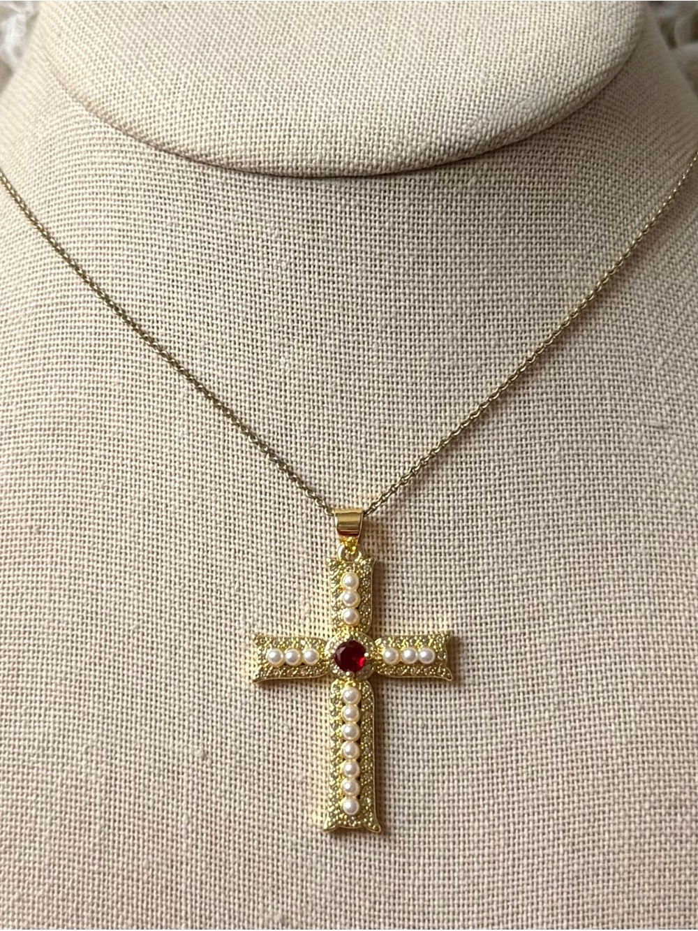 gold pearl, ruby, rhinestone cross pendant on dainty vintage chain
